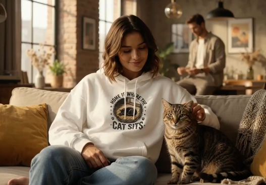 Woman wearing the Home Is Where the Cat Sits white hoodie with a tabby cat in a sunlit loft